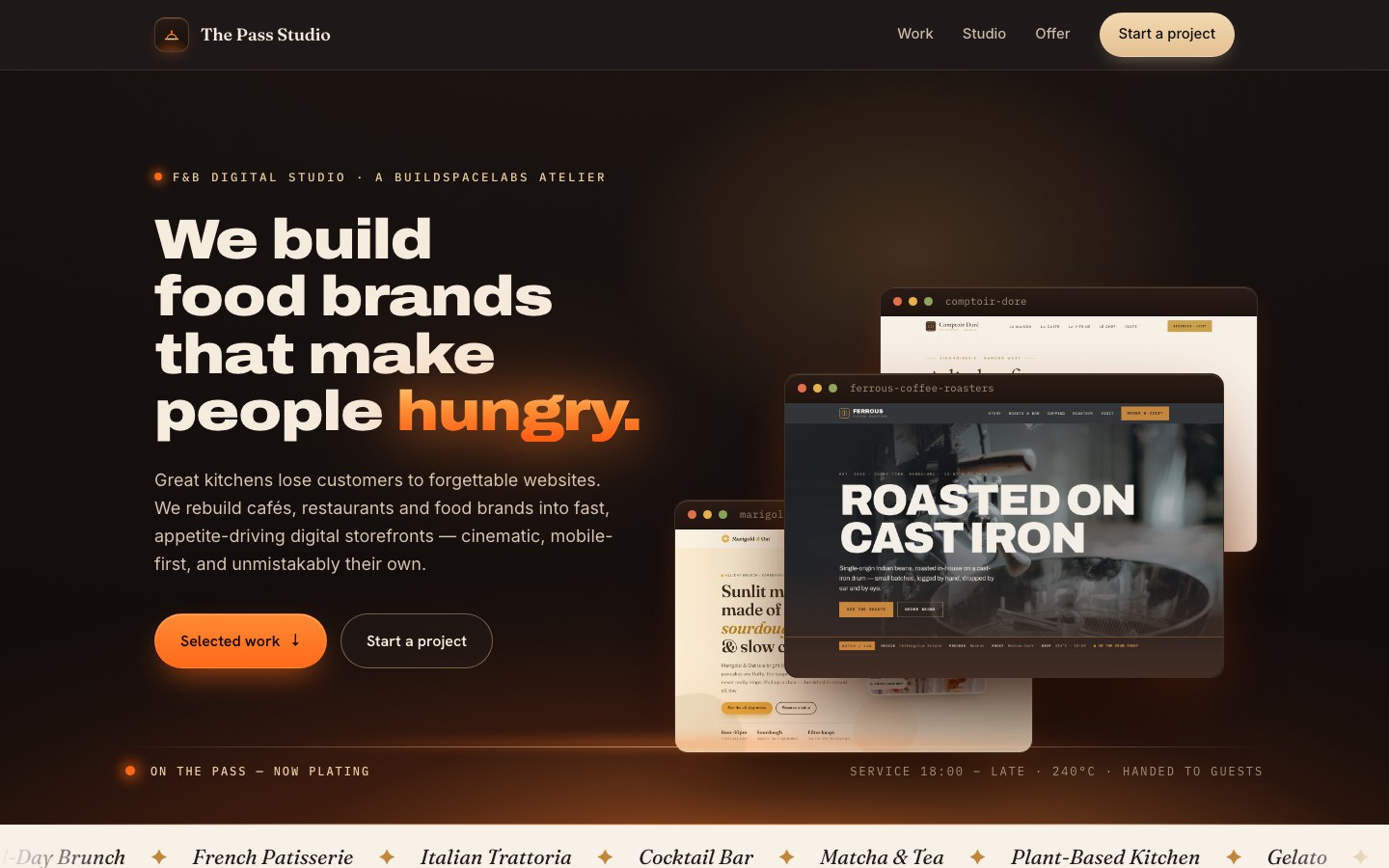 The Pass Studio hub: a dark, warm brown home page with cream serif type and an orange accent.