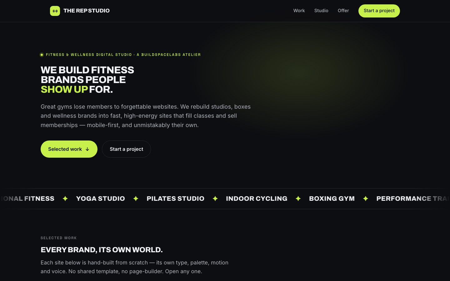 The Rep Studio hub: a near-black home page with condensed white capitals and a neon lime accent.