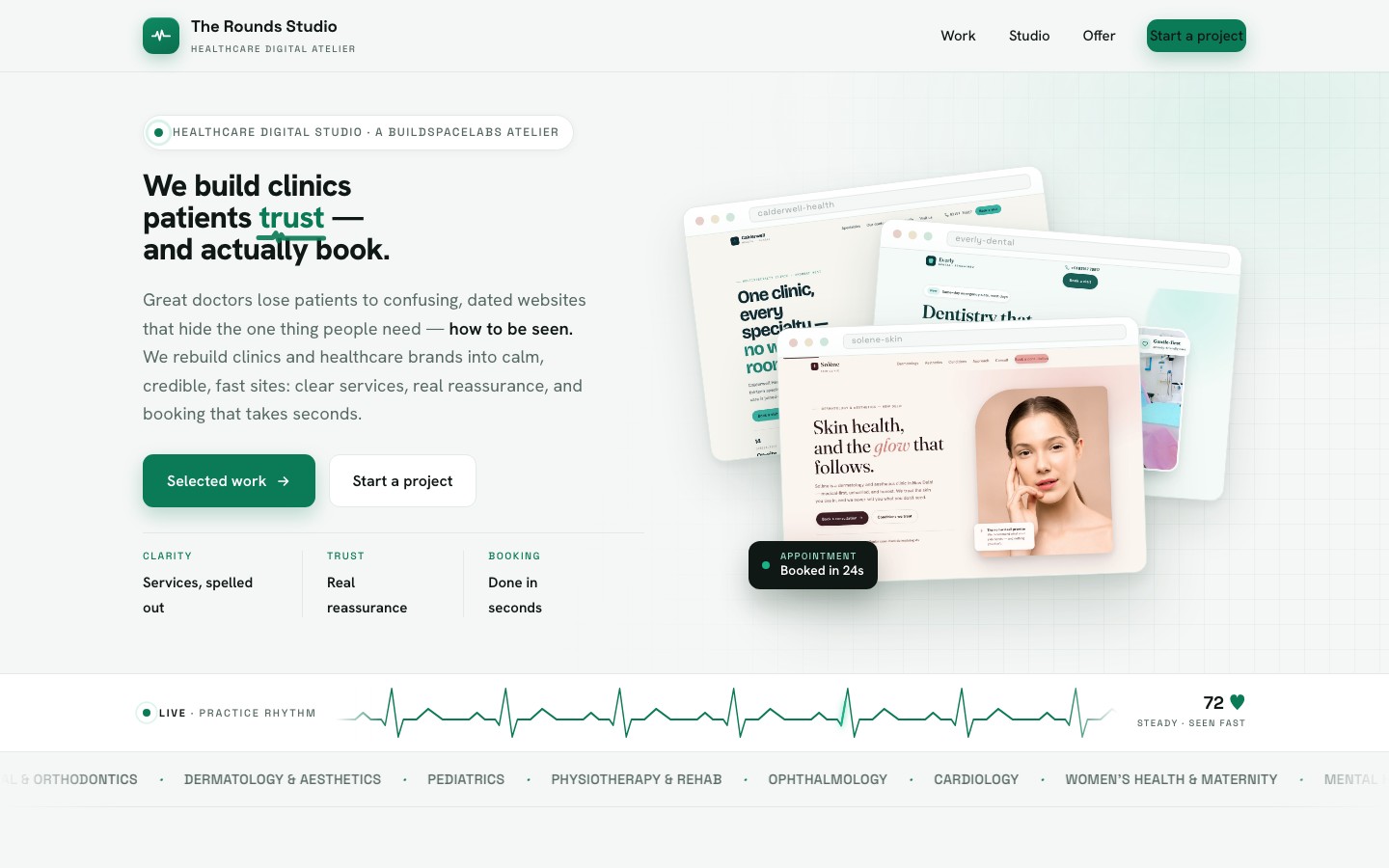 The Rounds Studio hub: a pale mint home page with a clinical green accent and a booking-first layout.