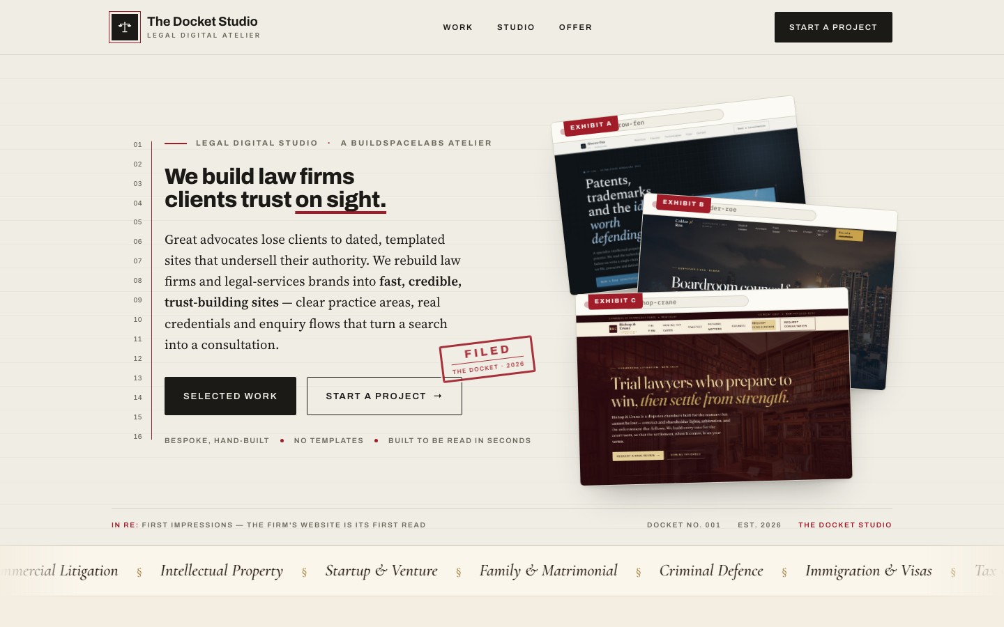 The Docket Studio hub: a cream, document-styled home page with ruled margins, numbered lines and an oxblood accent.