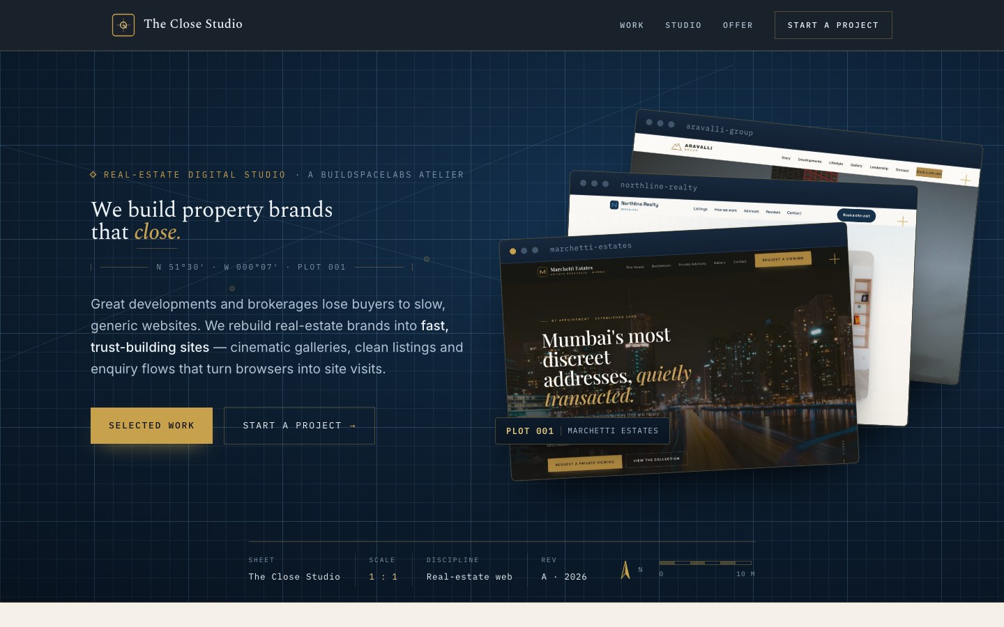The Close Studio hub: a deep navy home page on a blueprint grid with gold accents and a serif headline.