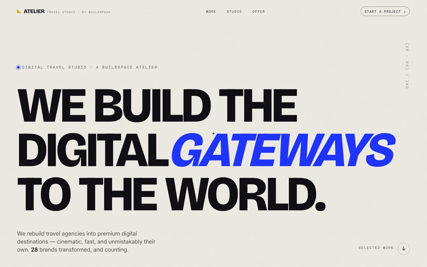Atelier Travel Studio hub: an off-white home page with oversized black grotesk type and an electric blue italic.