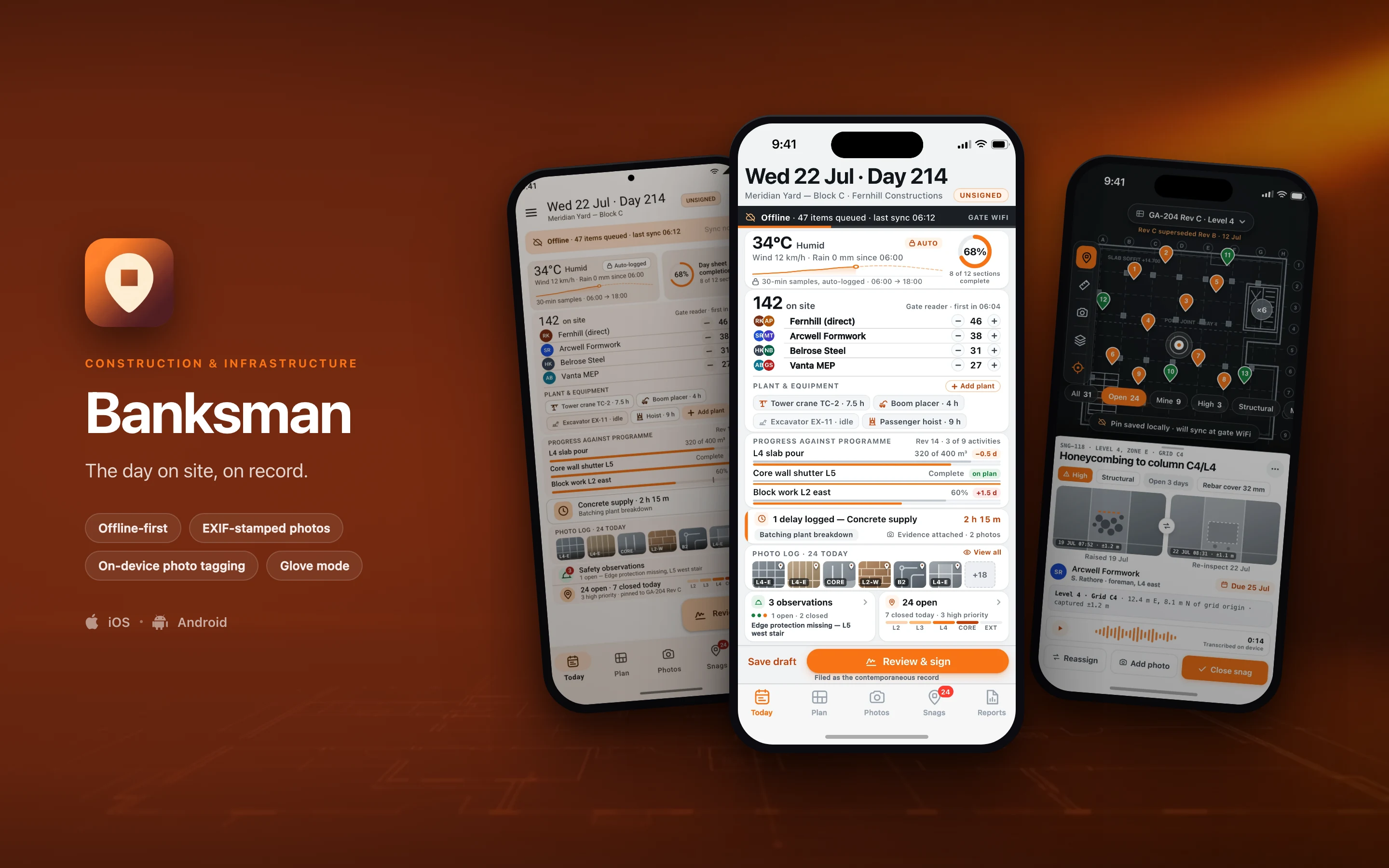 Banksman shown on three phones — Today's Log, Plan, Today's Log, in Material 3 — on a construction & infrastructure brand backdrop