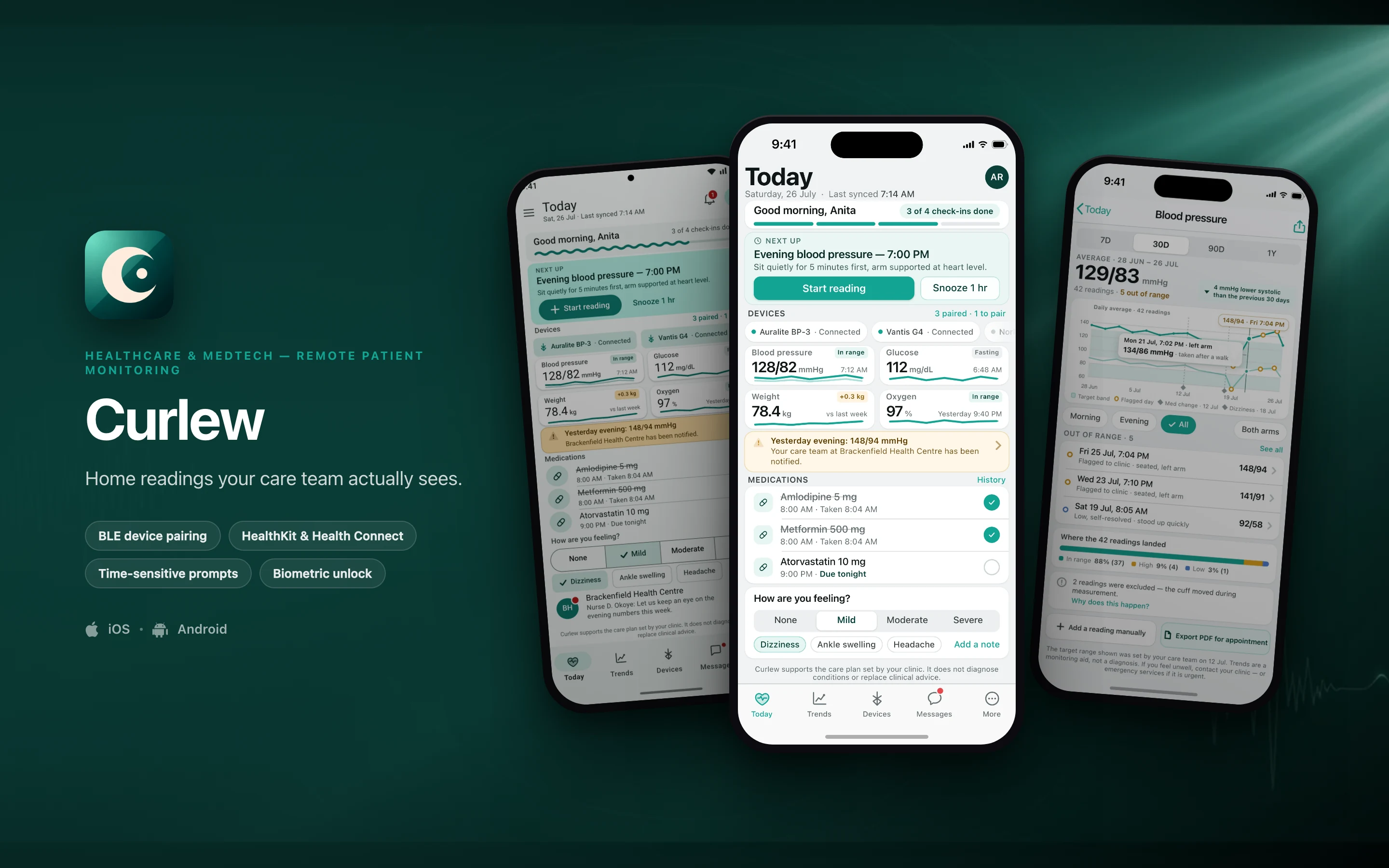 Curlew shown on three phones — Today, Blood pressure trend, Today, in Material 3 — on a healthcare & medtech brand backdrop
