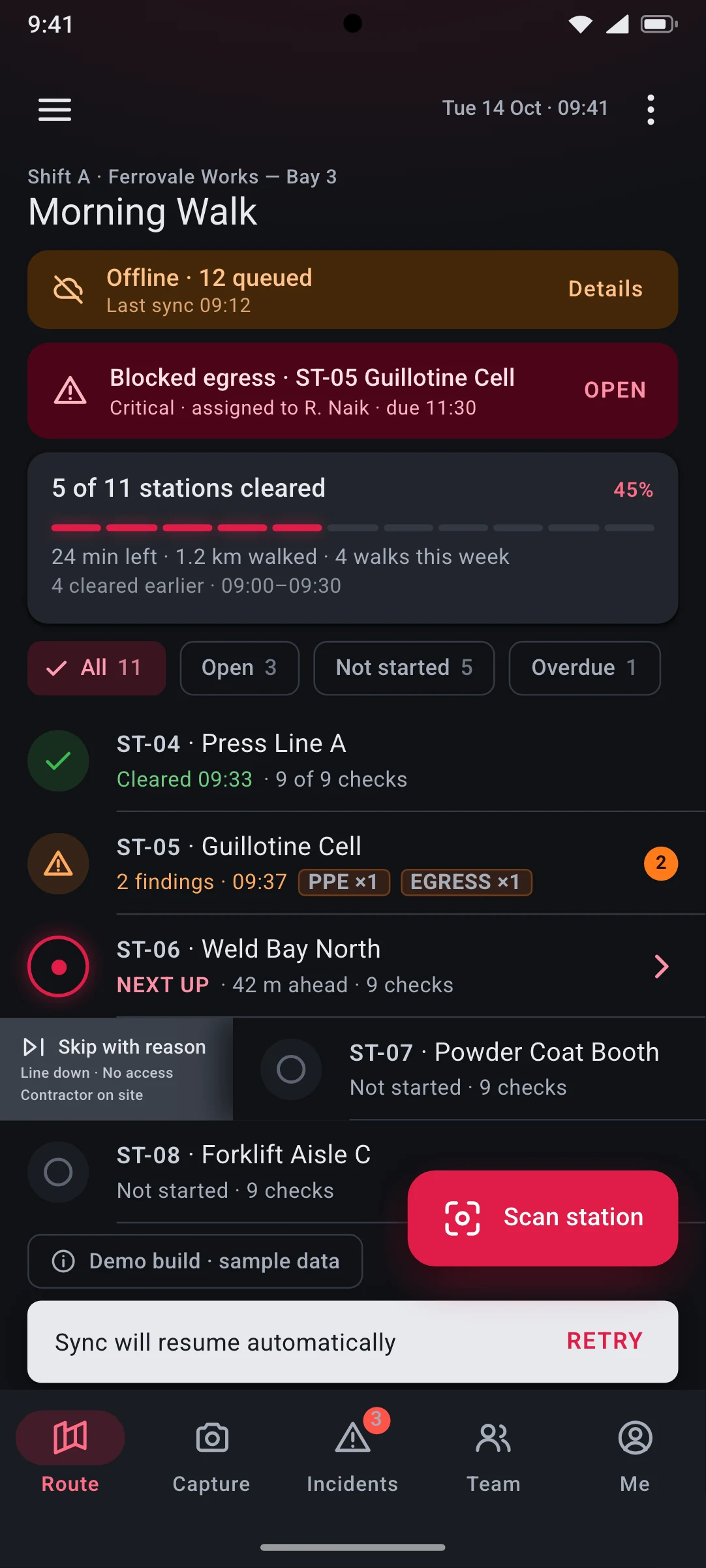 Kickplate — the Shift Walk · Route (Material 3) screen, running on Android