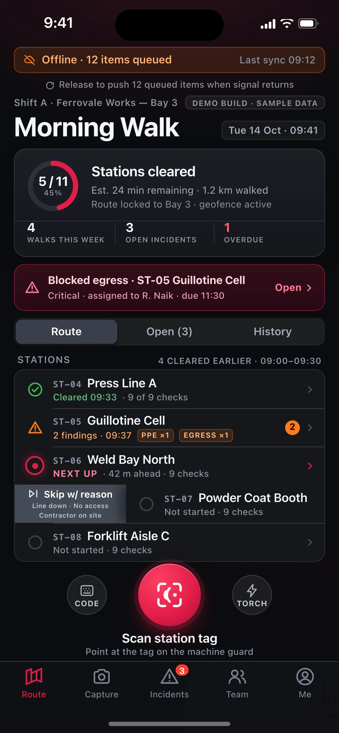 Kickplate — the Shift Walk · Route screen, running on iOS