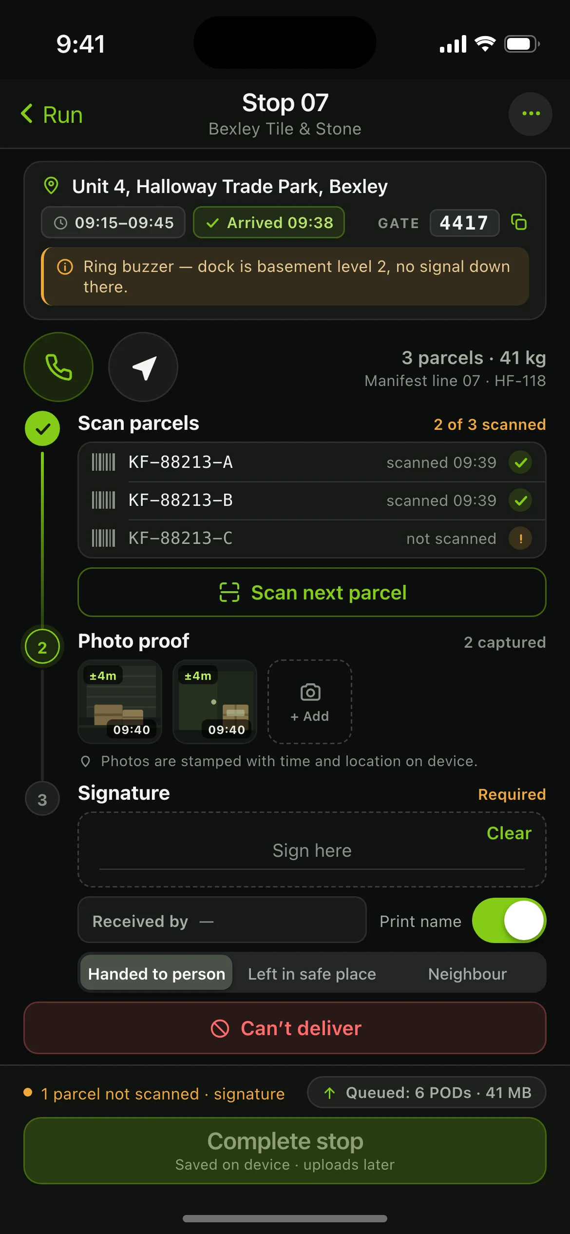 Nightdock — the Stop 07 · Proof of Delivery screen, running on iOS