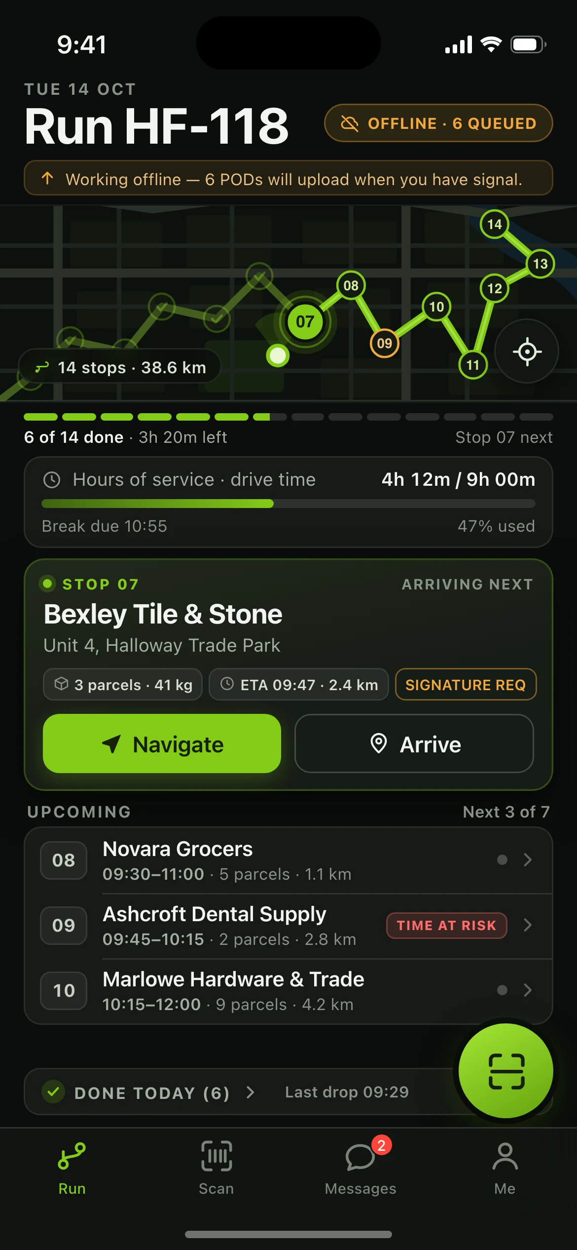 Nightdock — the Today's Run screen, running on iOS
