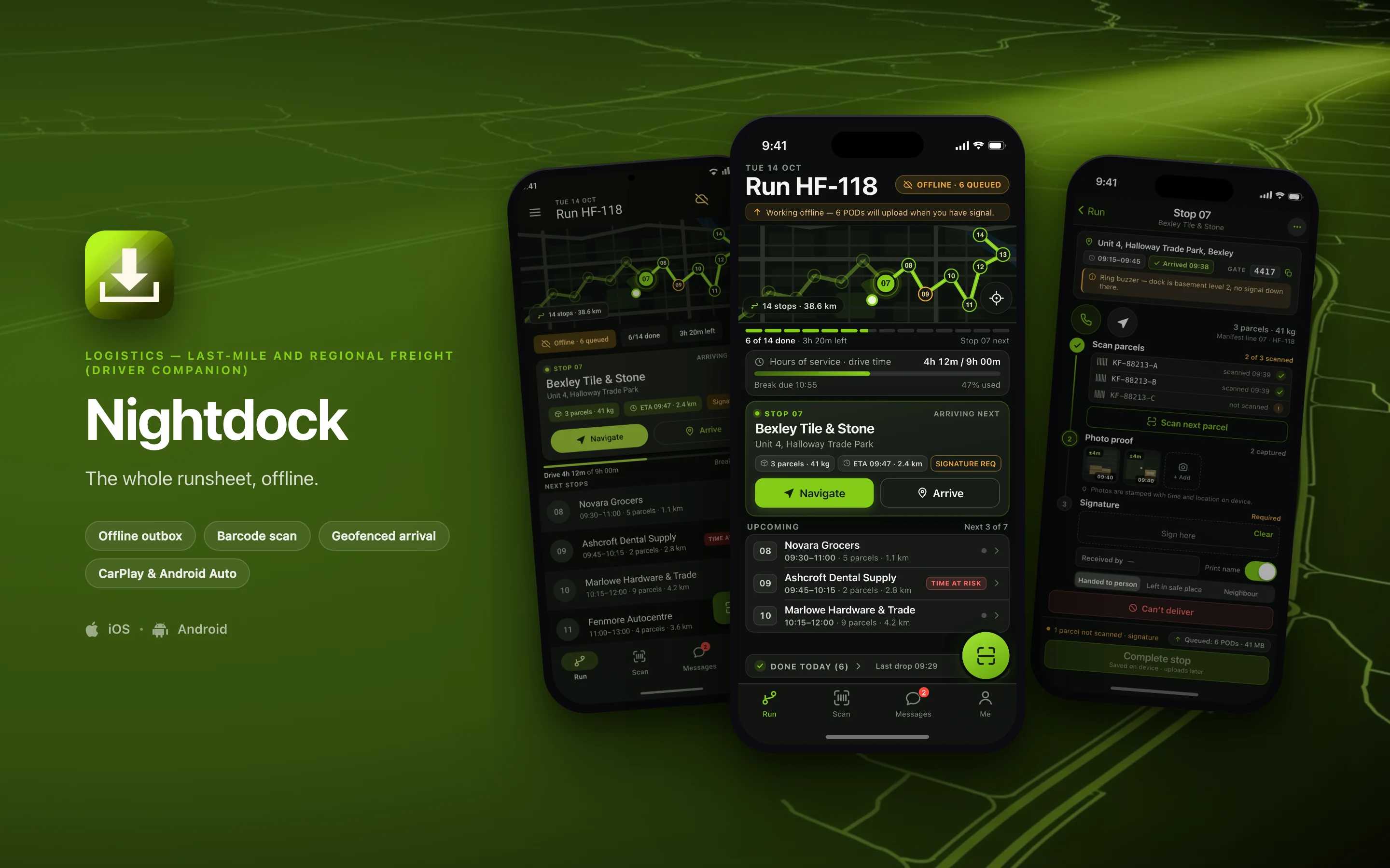 Nightdock shown on three phones — Today's Run, Stop 07 · Proof of Delivery, Today's Run, Material 3 — on a logistics brand backdrop