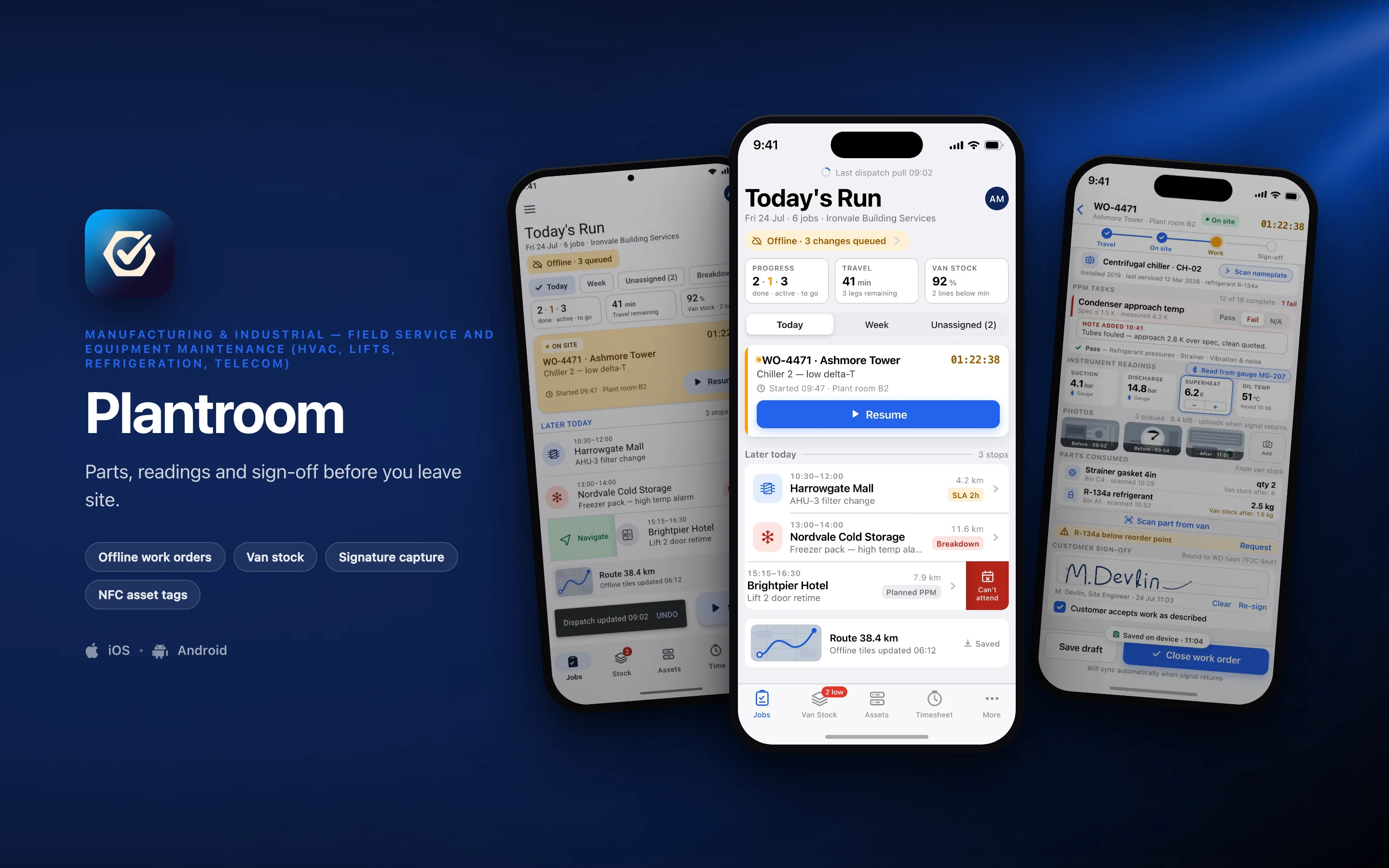 Plantroom shown on three phones — Today's Run, WO-4471 at Ashmore Tower, Today's Run, in Material 3 — on a manufacturing & industrial brand backdrop
