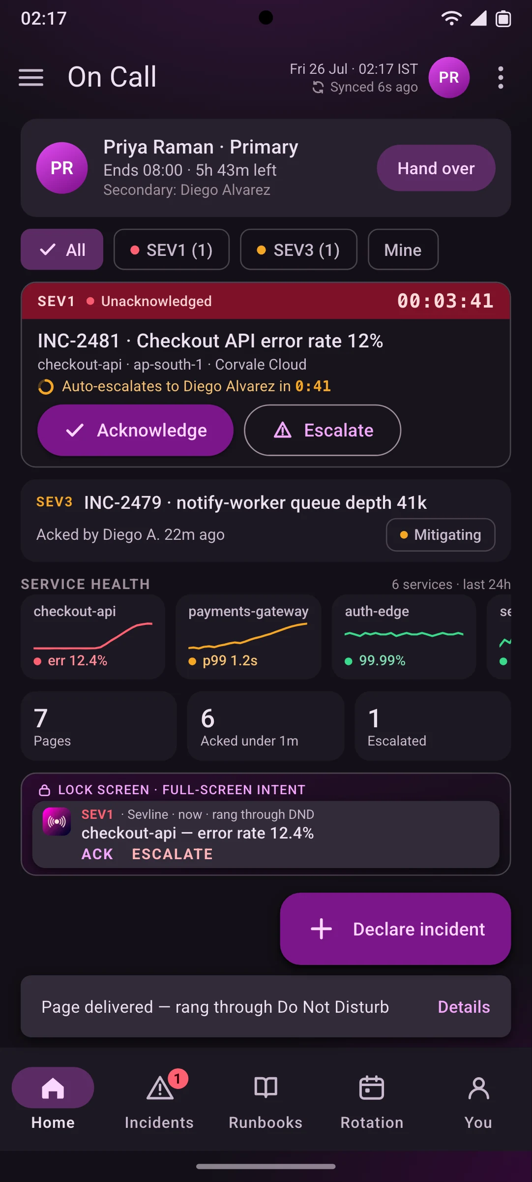 Sevline — the On Call in Material 3 screen, running on Android