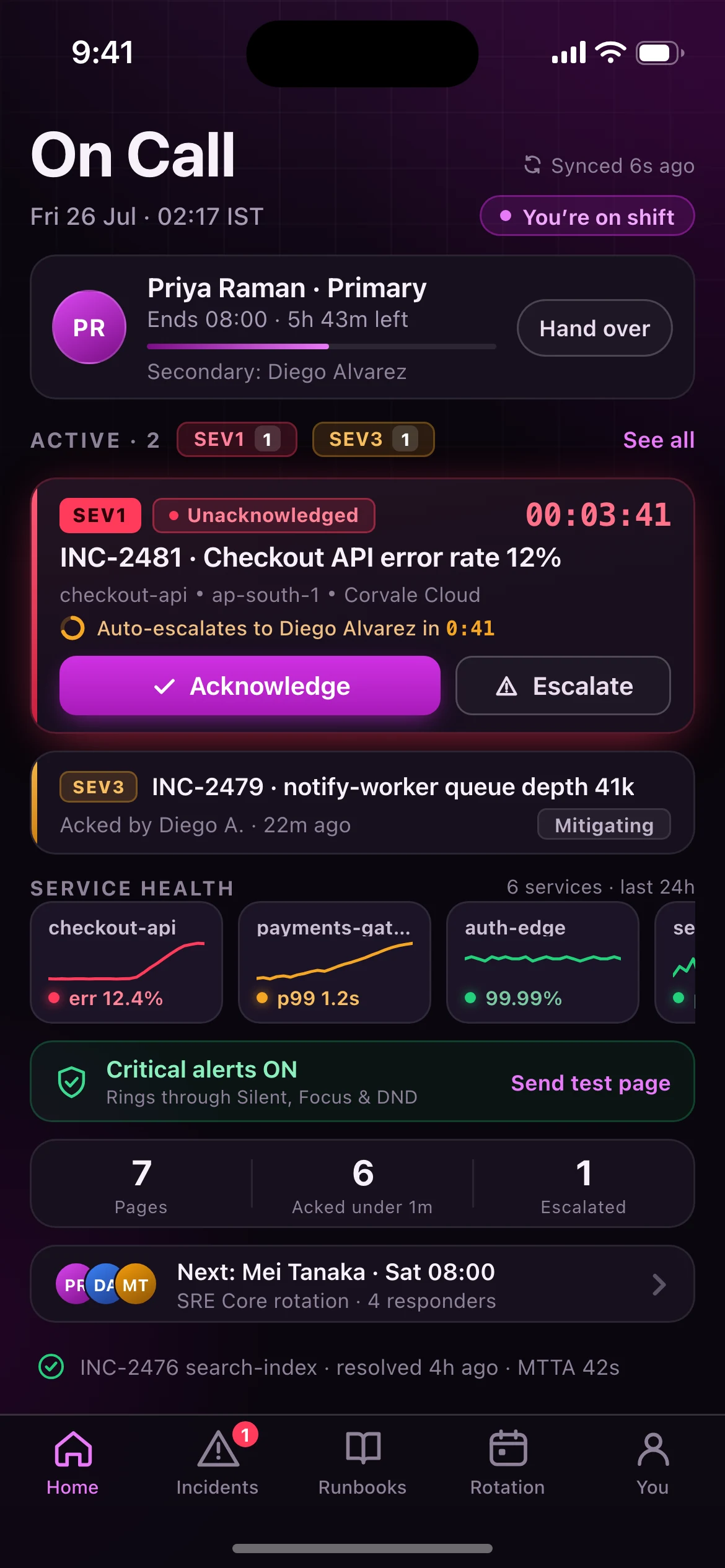 Sevline — the On Call screen, running on iOS