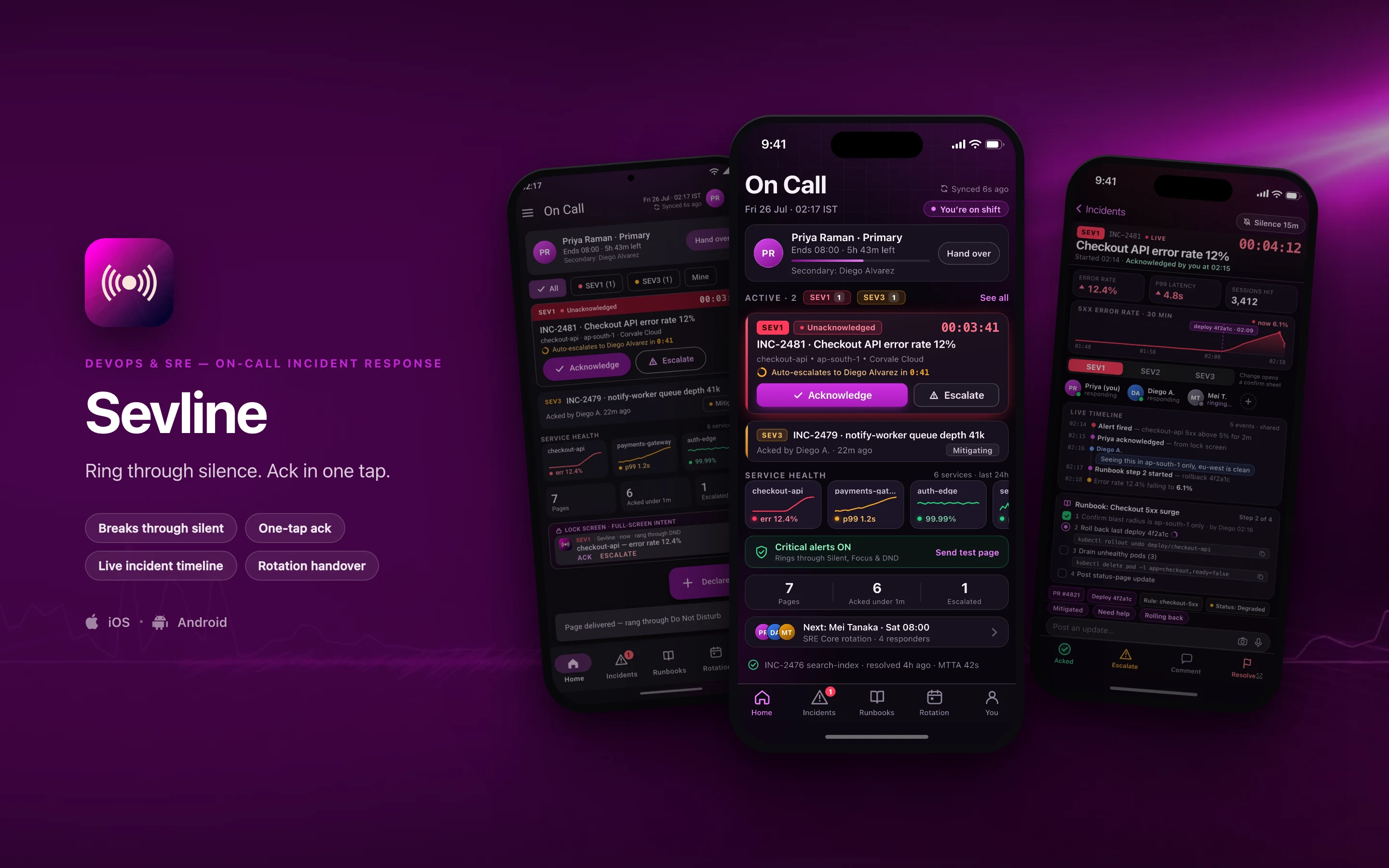 Sevline shown on three phones — On Call, INC-2481, the incident room, On Call in Material 3 — on a devops & sre brand backdrop