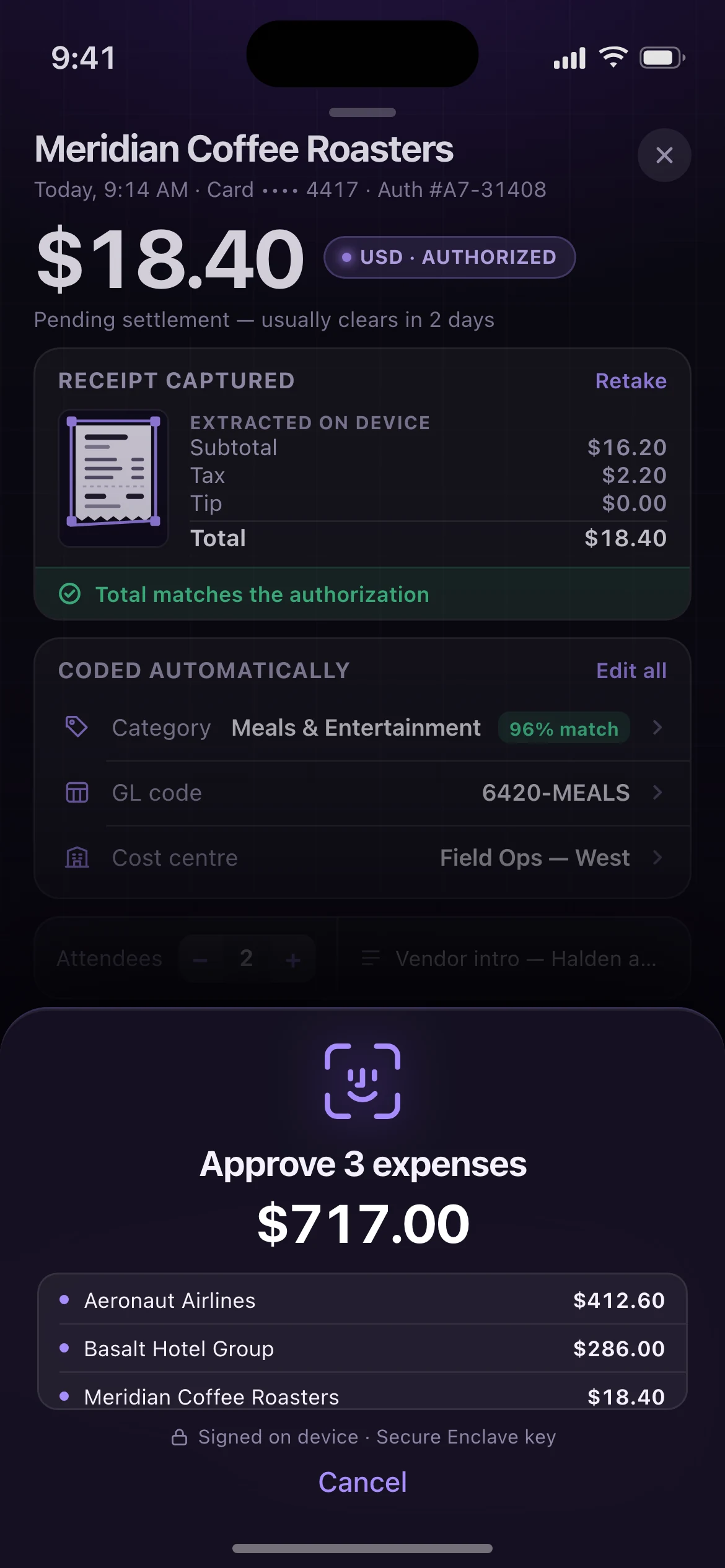 Tapstub — the Transaction, receipt and approval screen, running on iOS