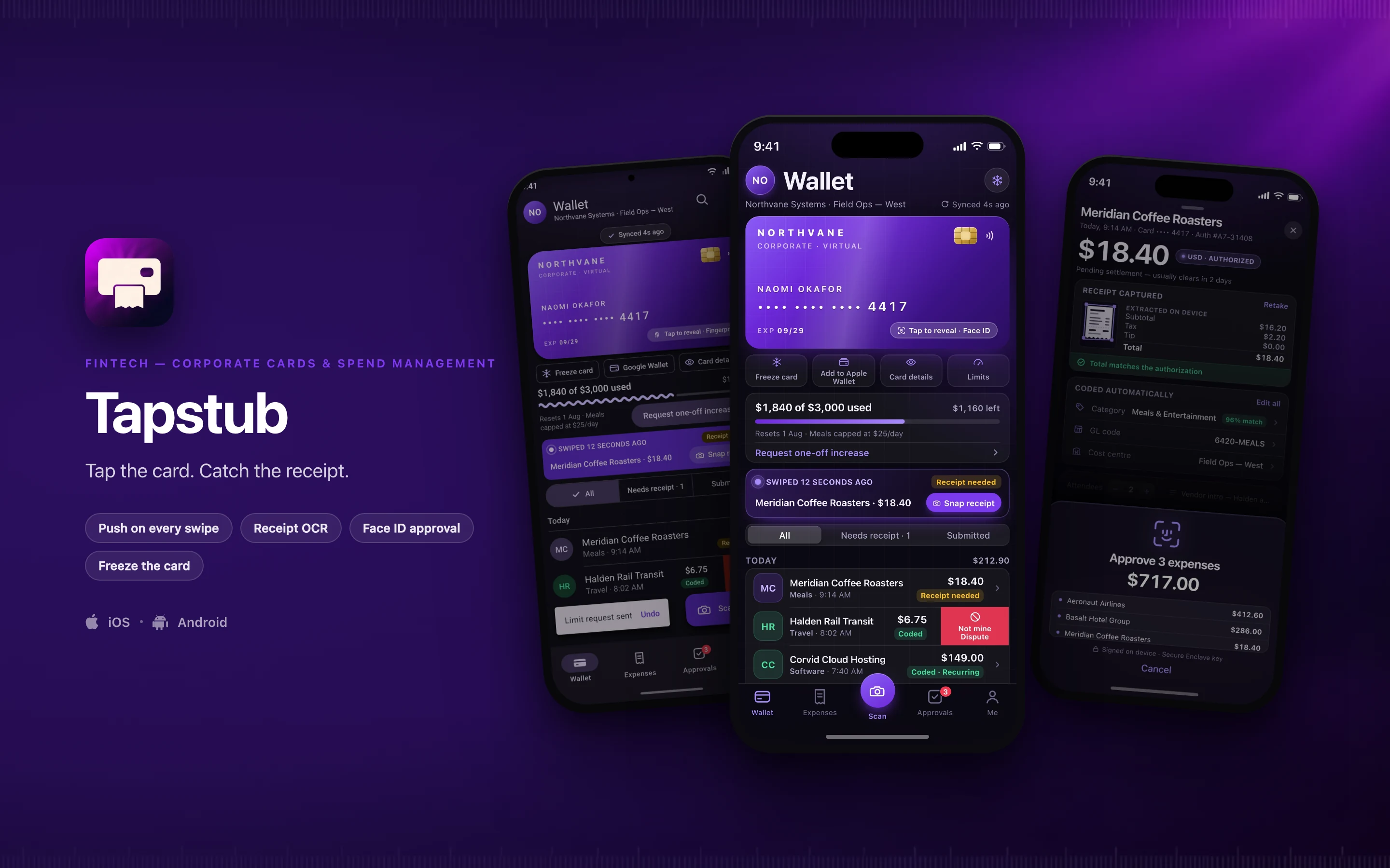 Tapstub shown on three phones — Wallet, Transaction, receipt and approval, Wallet, Material 3 — on a fintech brand backdrop