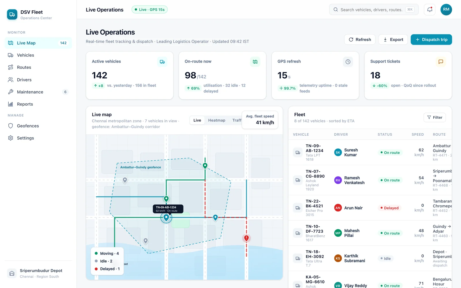 Axlebound live operations dashboard — live map, vehicles and routes