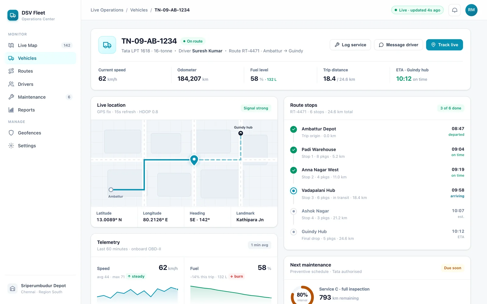 Axlebound live operations dashboard — live map, vehicles and routes
