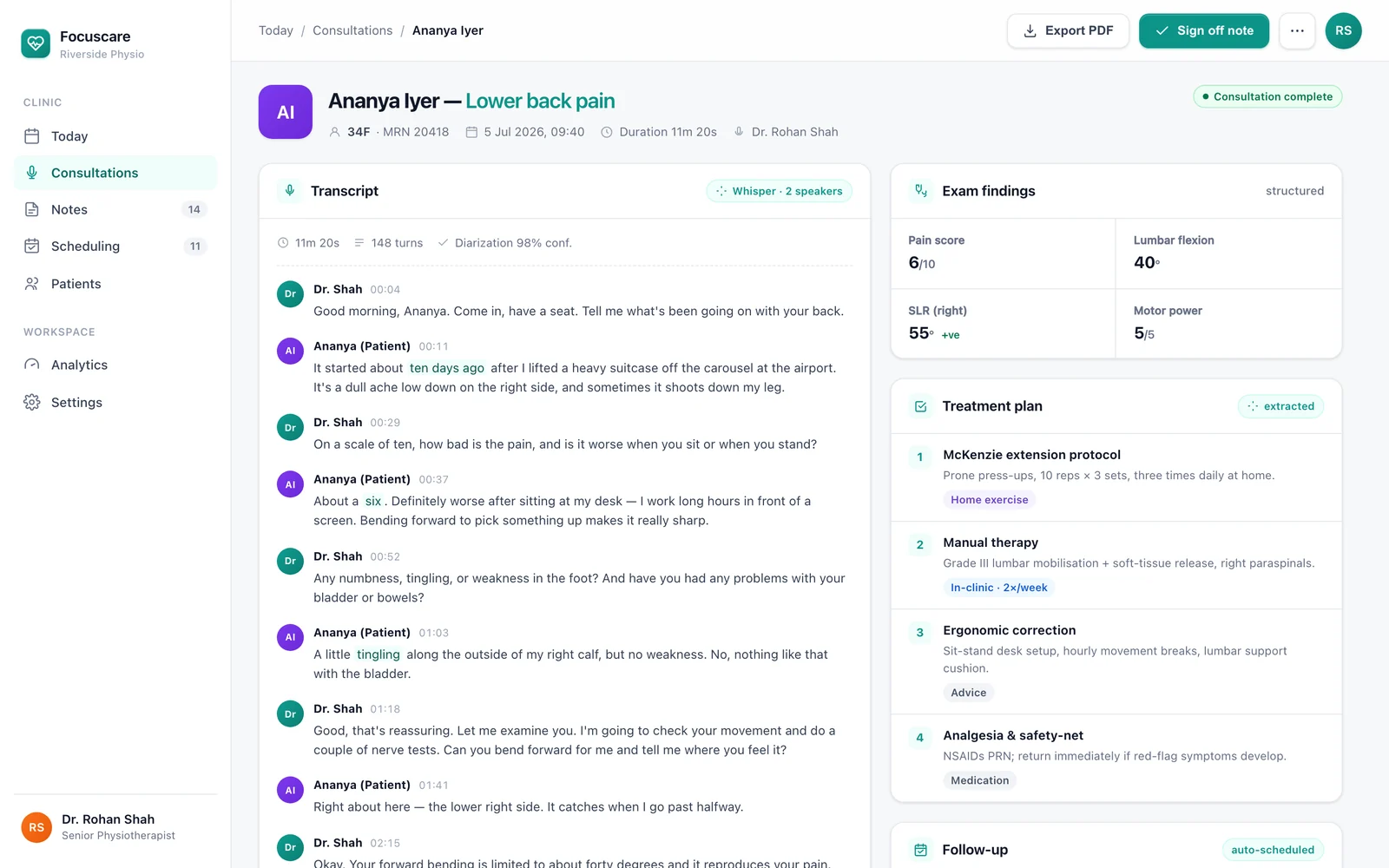 Focuscare clinic dashboard — live transcription turning into a SOAP note