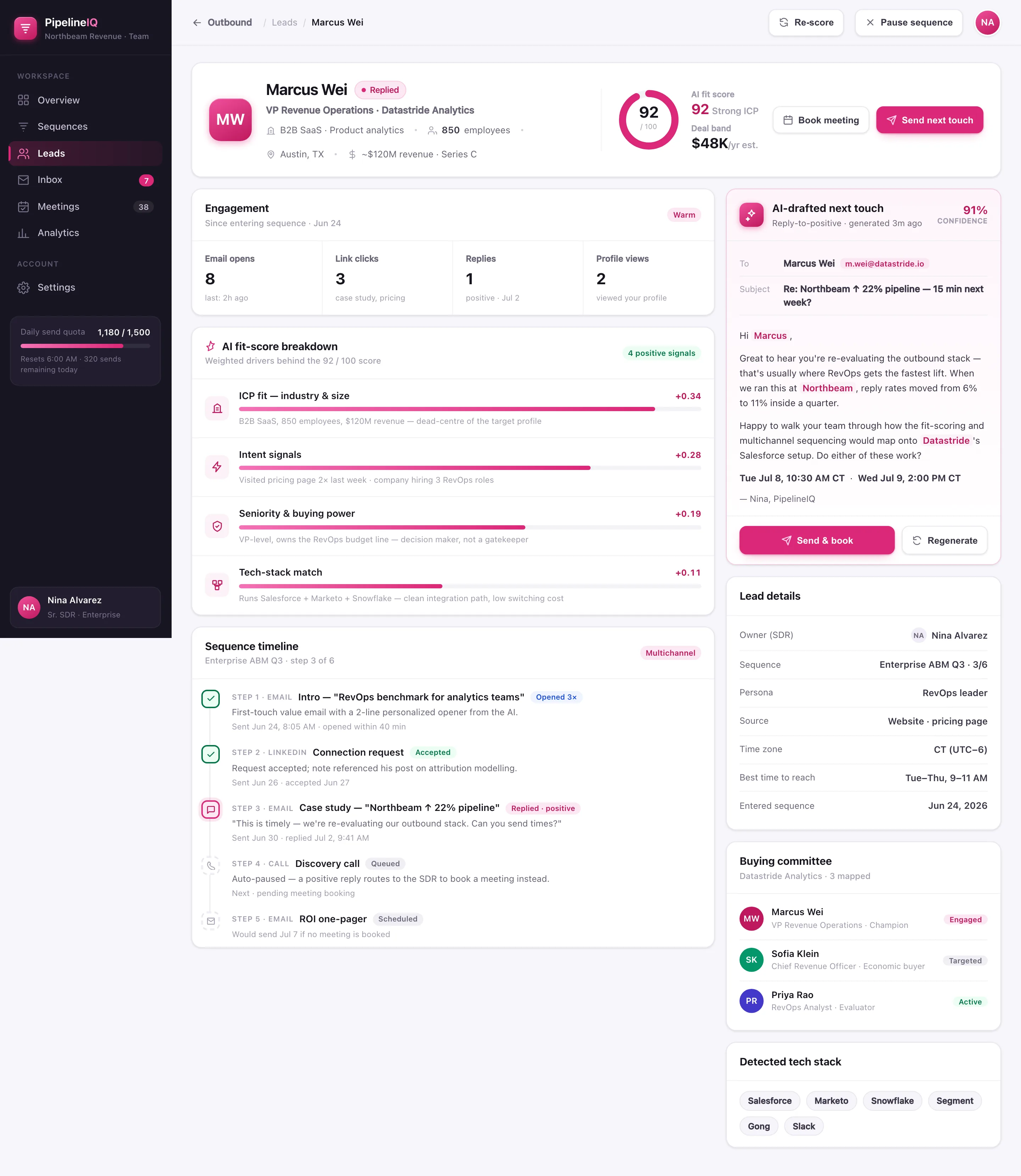PipelineIQ lead detail showing a 92/100 AI fit ring, a weighted fit-score breakdown, a multichannel sequence timeline and an AI-drafted next-touch email