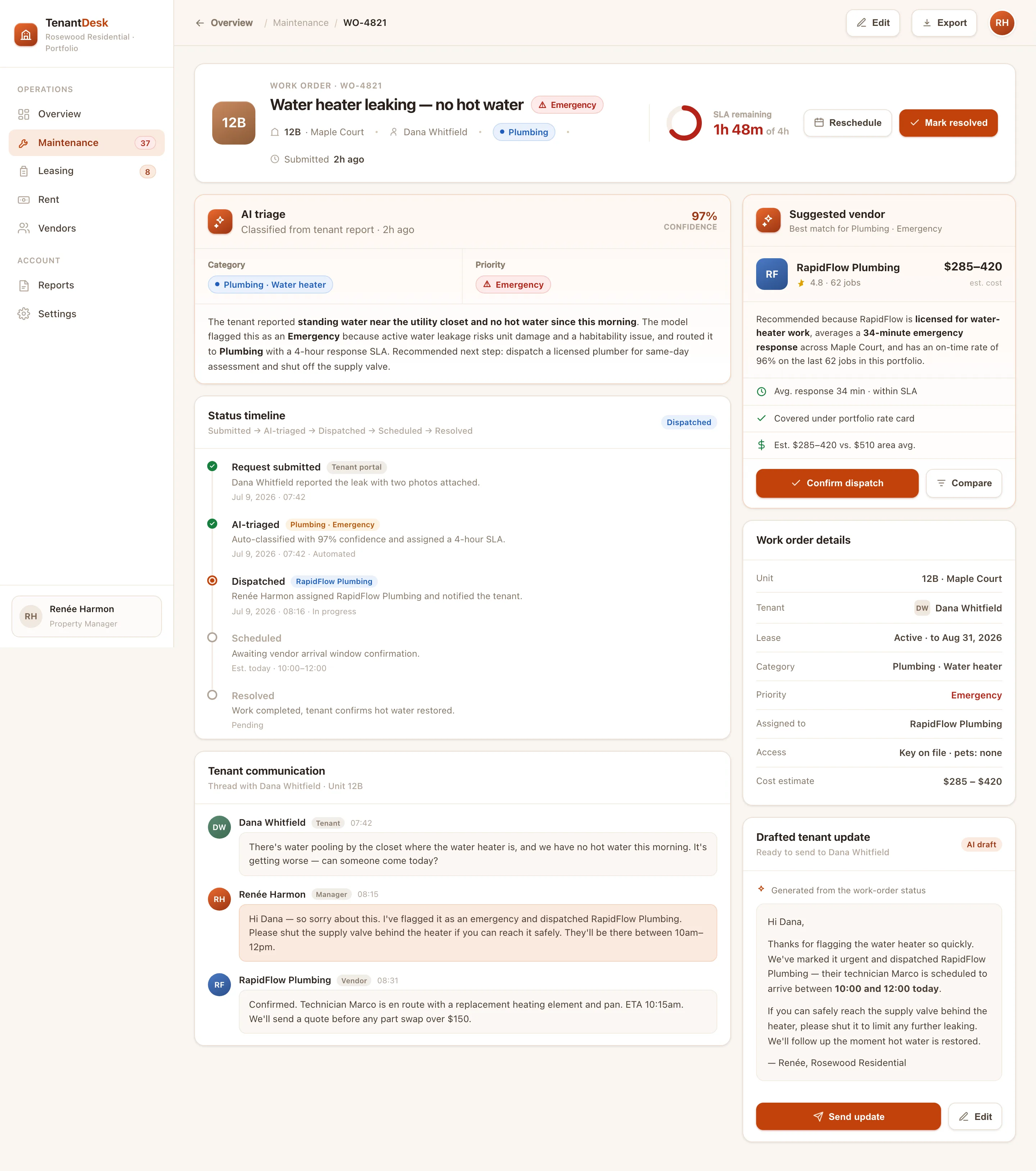 TenantDesk work-order detail showing an AI triage card classifying the issue as Plumbing and Emergency, a status timeline, a suggested vendor with a cost estimate, a tenant communication thread, and a drafted tenant message