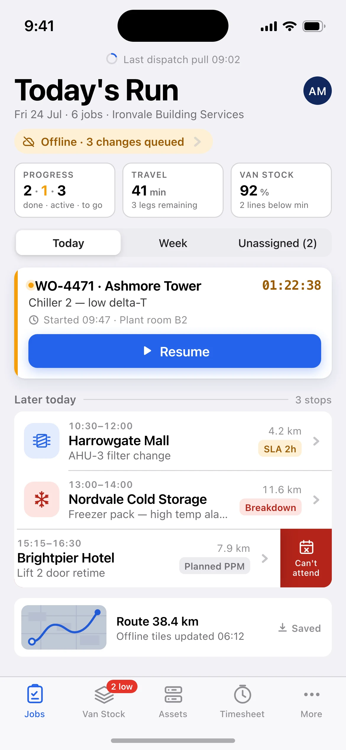 Plantroom — the Today's Run screen, running on iOS